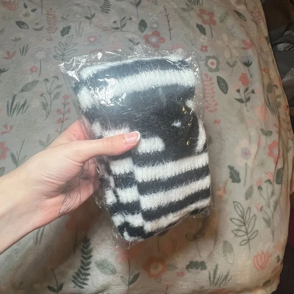 Striped Fuzzy Fingerless Arm Warmers OS Mall Goth Scene Emo Grunge Rave Festival